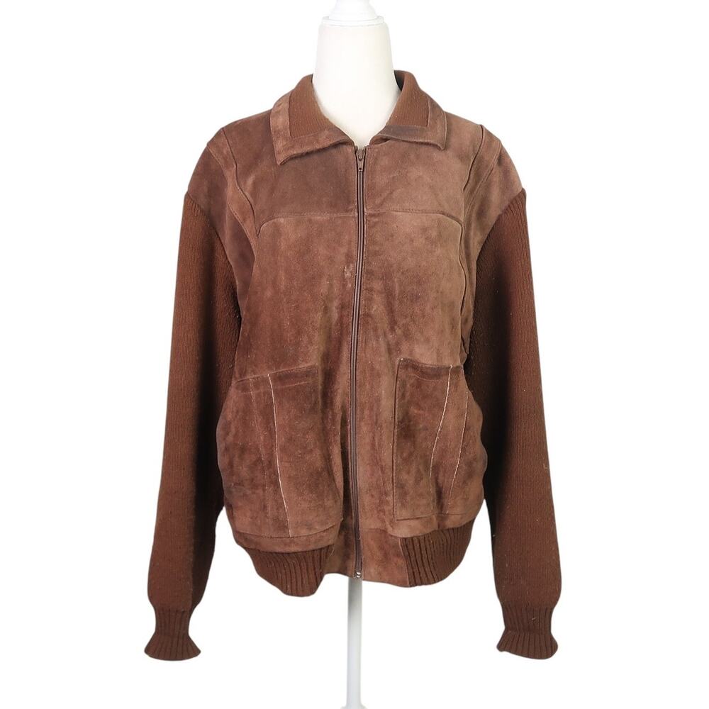 Vintage 70s Baldassini brown suede leather and knit bomber jacket Mens L